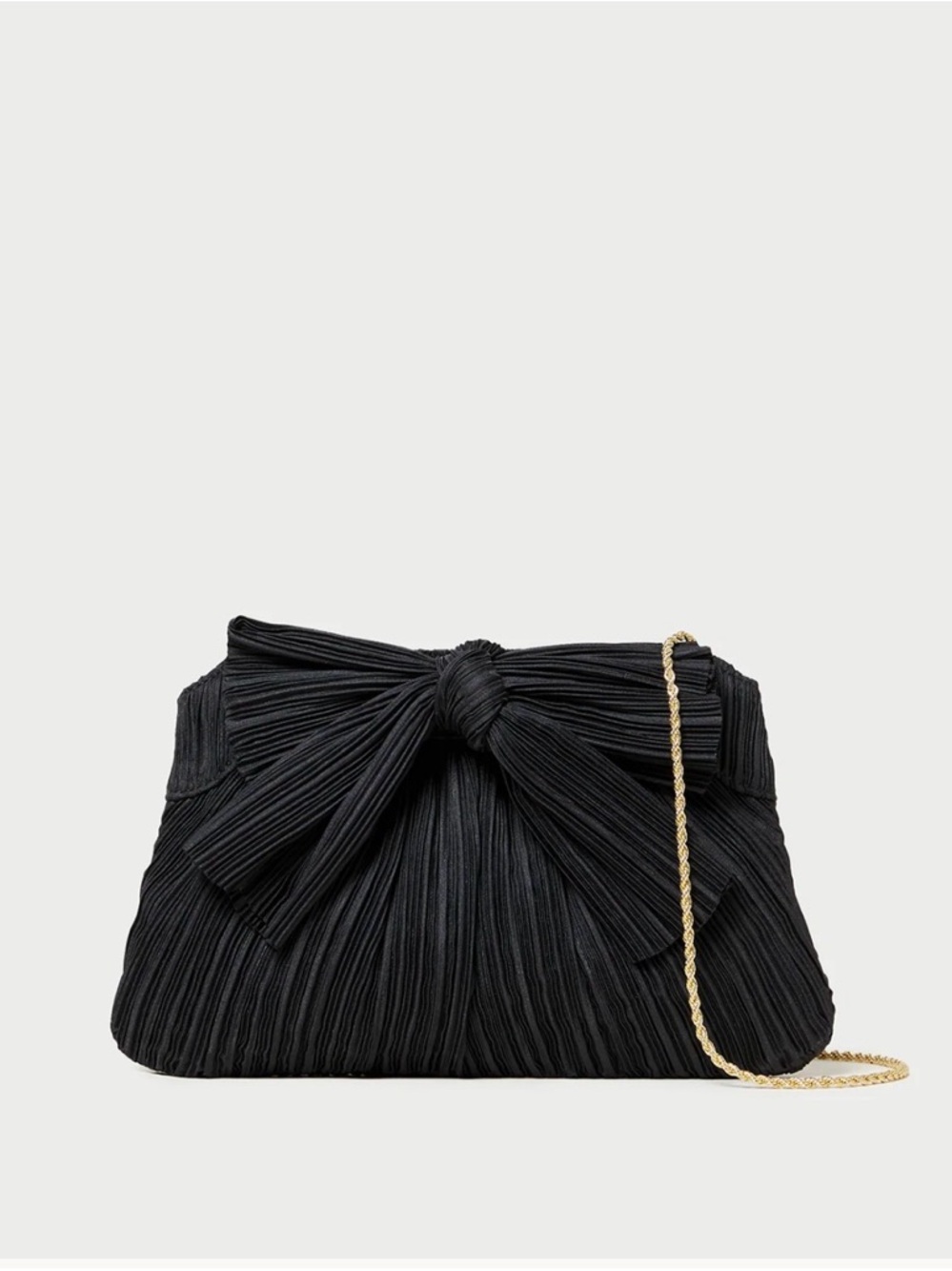 Loeffler Randall Black Bow Pleated Clutch with Gold Chain, Like New